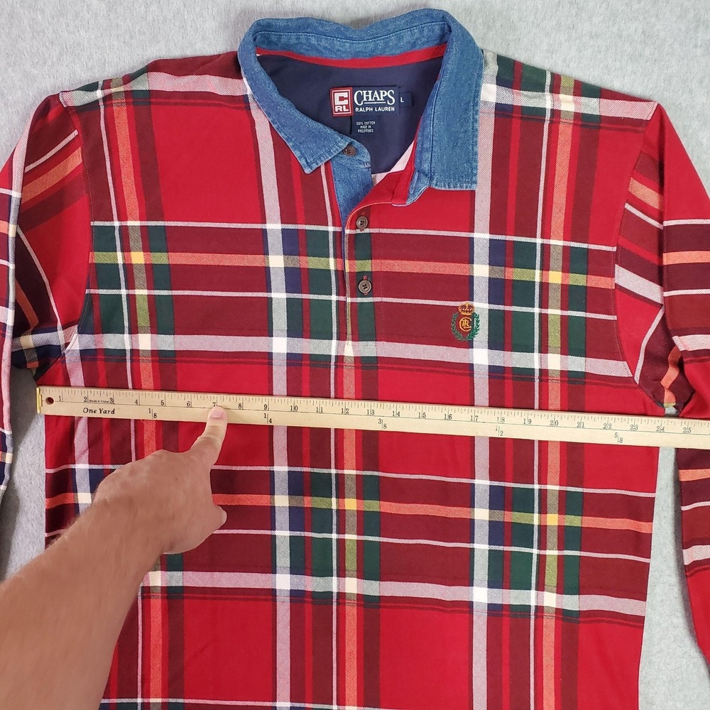 Chaps Ralph Lauren Polo Shirt Mens Large Red Plaid Long Sleeve Denim Collar‎ - Picture 6 of 12